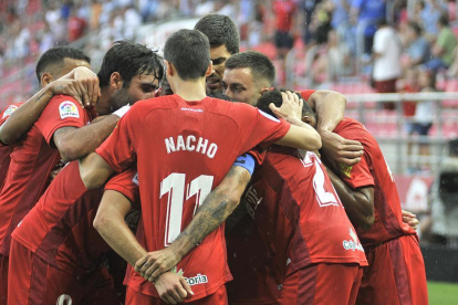 Los jugadores del Numancia celebran uno de los goles conseguidos en Los Pajaritos ante el Mirandés.-VALENTÍN GUISANDE