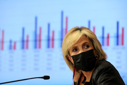 La consejera de Sanidad, Verónica Casado, durante la rueda de prensa telemática para informar de la situación del covid-19 en Castilla y León. ICAL