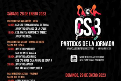 Cartel de los partidos de todos los equipos del Club Soria Baloncesto. Fin de semana 28 y 29 de enero.