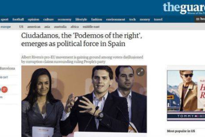 El artículo dedicado a Ciutadans y Albert Rivera, en 'The Guardian', este viernes.-