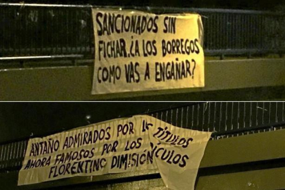 Pancartas contra Florentino Pérez en Madrid tras la sanción de la FIFA.-