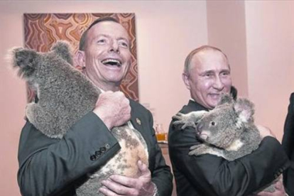 Putin (izquierda) y el primer ministro australiano, Tony Abbott, posan con koalas antes de la cumbre del G-20.-Foto: REUTERS