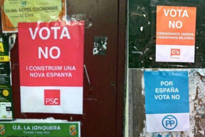 Carteles de la campaña falsa que llama a votar no el 1-O en nombre del PSC, Ciutadans y PPC.-TWITTER / PERIÓDICO