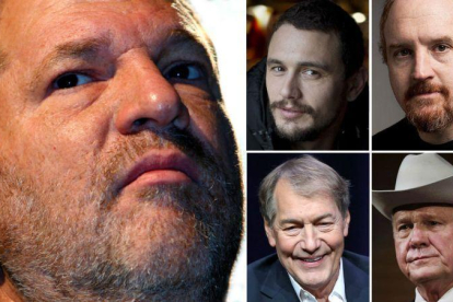 Harvey Weinstein, a la izquierda, el depredador de Hollywood, junto a otros negacionistas del #MeToo: James Franco, Louis C.K., Charlie Rose y Roy Moore.-EL PERIÓDICO