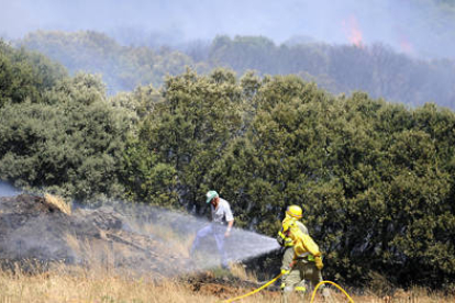 Agentes medioambientales y vecinos de la Sierra del Almuerzo durante las labores de extinción del incendio. / ÚRSULA SIERRA-