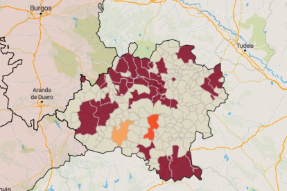 Mapa de la incidencia en la provincia con las zonas de riesgo muy alto en granate. HDS