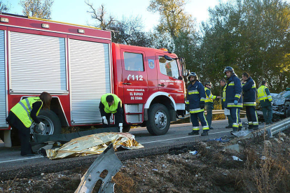 Los bomberos tuvieron que proceder a sacar el cuerpo del fallecido del vehículo. / BOMBEROS DE EL BURGO DE OSMA-
