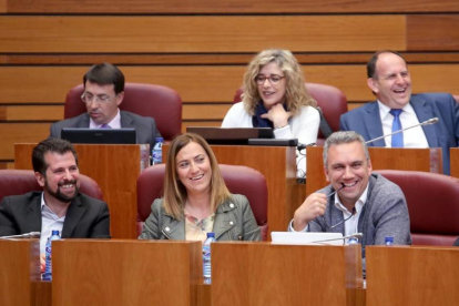 Virginia Barcones ayer en el Pleno de las Cortes, flanqueada por el portavoz socialista, Luis Tudanca (izquierda), y el presidente del Grupo Parlamentario socialista, Javier Izquierdo.-Ical