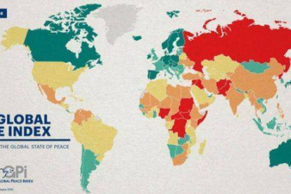 Mapa sobre los países más pacíficos y los más conflictivos del mundo.-Foto: GLOBAL PEACE INDEX 2015