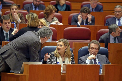 El socialista Javier Izquierdo conversa con la consejera Pilar del Olmo en presencia de José Antonio de Santiago-Juárez.-ICAL