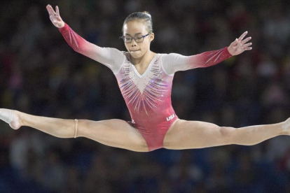 Morgan Hurd, en la final de barra de equilibrios, en la que fue plata.-AP