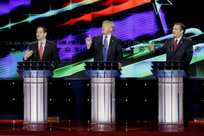 Marco Rubio, Donald Trump y Ted Cruz.-AP