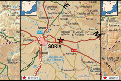 Mapa de tres de los terremotos más importantes de la provincia de Soria en 2022.-HDS