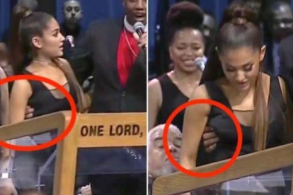 Imágenes en que se ve como el sacerdote toca el pecho a Ariana Grande en el funeral de Aretha Franklin.-EL PERIÓDICO