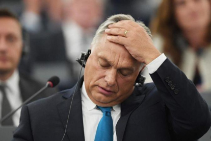 El primer ministro de Hungría, Viktor Orban, durante su intervención frenta a la Eurocámara este martes.-FREDERICK FLORIN (AFP)