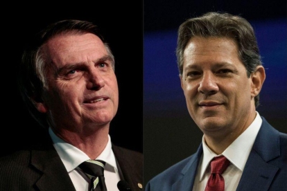 Bolsonaro obtuvo 46,03% de apoyo, seguido por el exalcade de Sao Paulo Fernando Haddad, con 29,28%, de acuerdo con los resultados divulgados por el Tribunal Supremo Electoral.-AFP