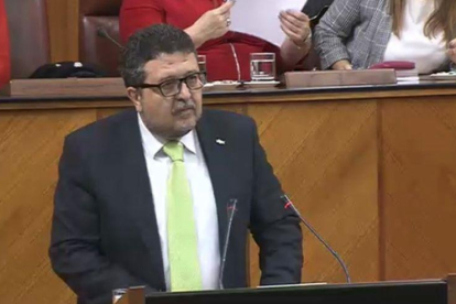 El líder de Vox en el Parlamento de Andalucía, Francisco Serrano, durante su discurso.-EL PERIÓDICO