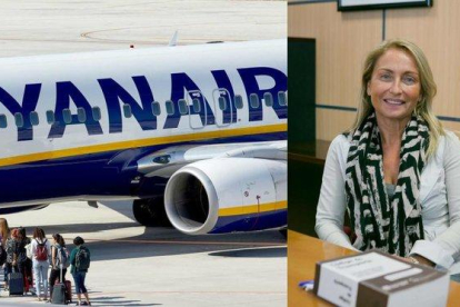 A la derecha, la catedrática de Derecho Mercantil de la Universitat Jaume I de Castellón, Mª Victoria Petit Lavall. Al lado, pasajeros suben a un avión de Ryanair.-