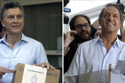 Fotomontaje con Macri (izquierda) y Scioli tras votar en Buenos Aires y Tigre, respectivamente, este domingo.-AFP