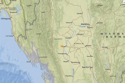 Fotografía facilitada por el Servicio Geológico de los Estados Unidos muestra la localización (señalada con una estrella) del terremoto de 6,8 grados de magnitud en el centro de Birmania, hoy.-EFE/Usgs / Handout