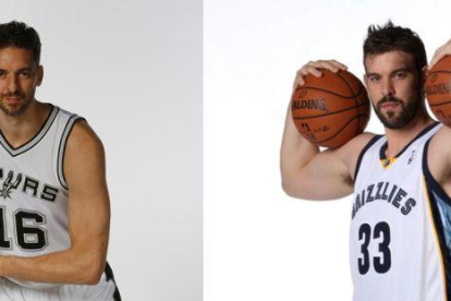 Pau Gasol, con la camiseta de su nuevo equipo, los Spurs, y su hermano Marc, un año más con los Grizzlies.-EL PERIÓDICO