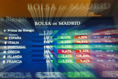 Panel de indicadores en la Bolsa de Madrid.-EFE