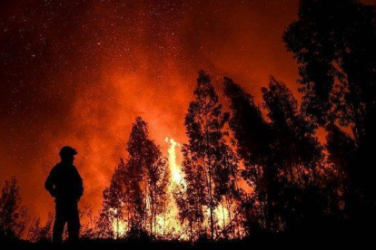 Un bombero, ante las llamas en Maçao, donde está el frente más activo del incendio.-AFP / PATRICIA DE MELO MOREIRA