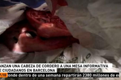 Imagen de la cabeza de cordero depositada sobre una mesa informativa de Ciutadans.-/ ANTENA 3 TV