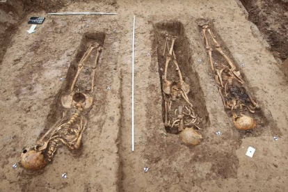 Esqueletos de algunos cuerpos, supuestamente de soldados del Gran Ejército de Napoleón Buenaparte, que ya han sido desenterrados por los arqueólogos de Frankfurt.-AFP / DANIEL ROLAND
