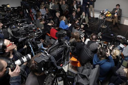 Carles Puigdemont, en la rueda de prensa de Berlín del 7 deabril, al día siguiente de salir de la prisión de Neumünster.-MICHAEL SOHN