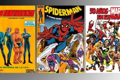 Primera portada de Vértice, una de Forum y el volumen de Panini ’50 años de Marvel en España’.-