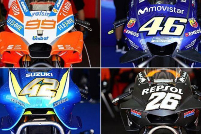 Están son las cúpulas, con todo tipo de artilugios aerodinámicos, de la Ducati (99), Yamaha (46), Suzuki (42) y Honda (26).-ALEJANDRO CERESUELA