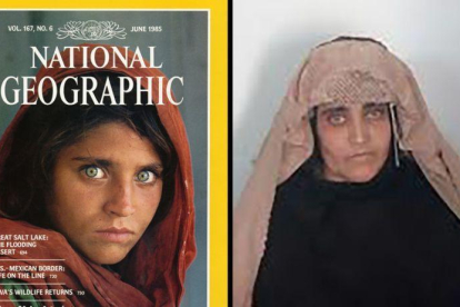 Sharbat Gula, de niña en la portada del 'National Geographic' junto a una imagen de adulta.-EL PERIÓDICO