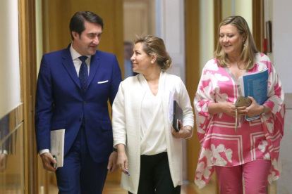 La vicepresidenta y portavoz de la Junta de Castilla y León, Rosa Valdeón; el consejero de Fomento y Medio Ambiente, Juan Carlos Suárez-Quiñones, y la consejera de Hacienda de la Junta, Pilar del Olmo, comparecen en rueda de prensa posterior al Consejo.-ICAL