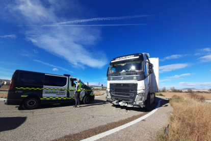 Imagen del camión implicado en el accidente junto a la Guardia Civil. HDS