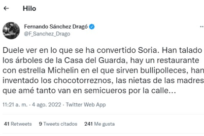 Primero de los tres tweets del hilo de Sánchez Dragó sobre Soria. HDS