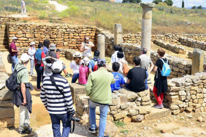 Visitantes al yacimiento de Numancia atendiendo las explicaciones de un informador turístico de la asociación, hace unos días en Garray. /  ÁLVARO MARTÍNEZ-
