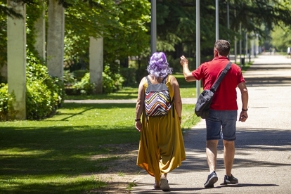 Una pareja pasea por el parque de La Arboleda de Almazán. MARIO TEJEDOR