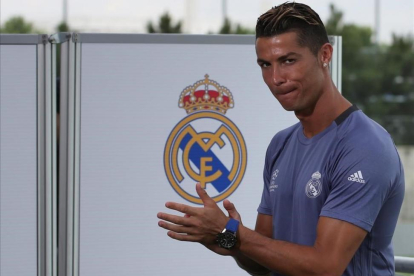 Cristiano Ronaldo, durante la jornada de puertas abiertas a la prensa de este martes en Valdebebas.-SERGIO PÉREZ