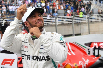 Hamilton celebra la pole conseguida en Brasil-NELSON ALMEIDA