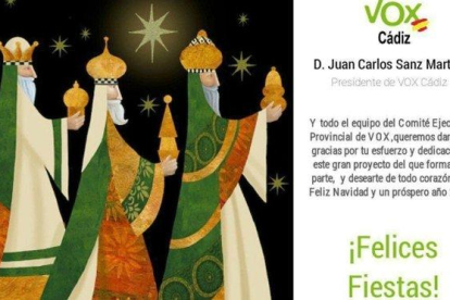 La primera felicitación navideña de Vox Cádiz, con los tres Reyes Magos blancos.-
