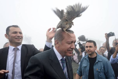 Una de las palomas que liberó el presidente turco se posa sobre su cabeza.-Foto: STRINGER/TURKEY / REUTERS