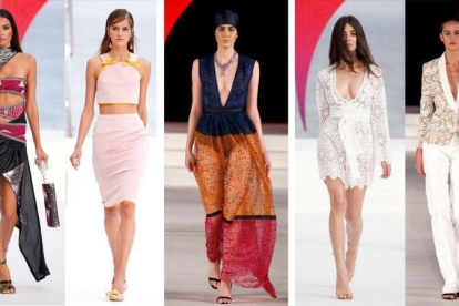 Modelos de Custo Barcelona, The 2nd Skin Co., Alvarno, Melissa Odabash y Javier Vázquez, en el Mercedes Benz Fashion Madrid, celebrado en Ibiza.-EL PERIÓDICO