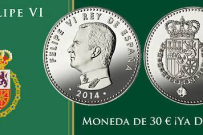 Moneda conmemorativa de 30 euros con la cara de Felipe VI.-