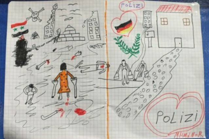 Dibujo de un niño refugiado sirio que ha enternecido a la policía de Passau (Baja-Baviera).-TWITTER / @BPOL_BY