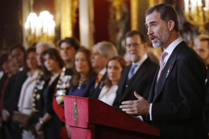 El rey Felipe, durante su intervención en la tradicional recepción al cuerpo diplomático acreditado en España.-SERGIO BARRENECHEA / EFE