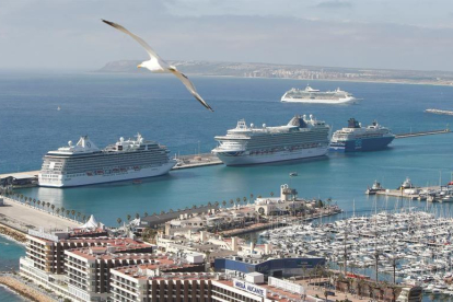 Vista de cuatro cruceros con cerca de 12.000 pasajeros en el Puerto de Alicante el pasado mes de mayo.-EFE/Archivo