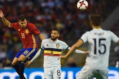 El azulgrana Jordi Alba, durante el partido amistoso Bélgica-España, celebrado en el estadio Rey Balduino, en Bruselas.-JOHN THYS