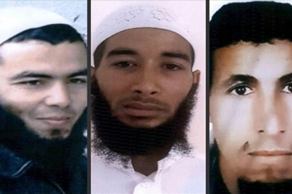 Retratos de tres sospechosos difundidos por las fuerzas de seguridad marroquies.-