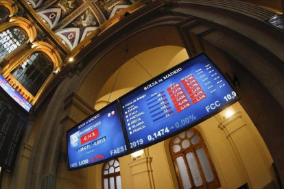 Los indicadores de la Bolsa de Madrid, en rojo, tras la apertura de este viernes.-